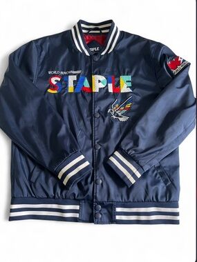 Staple Pigeon Varsity Jacket Men’s L Navy Snap Bomber Embroidered Logo